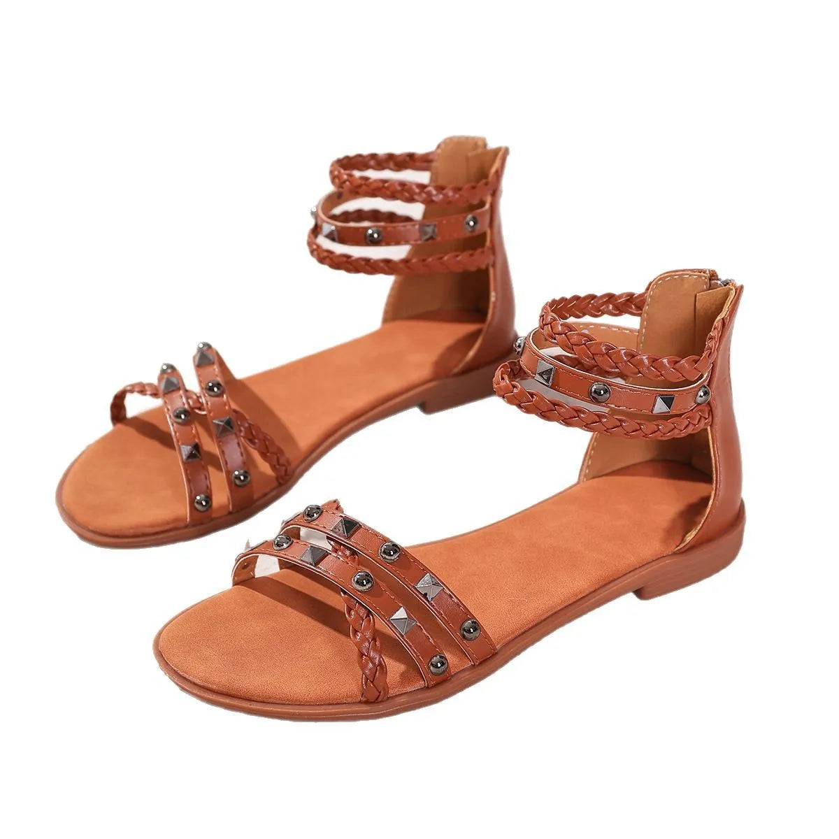 Braided Ankle Strap Studded Sandals