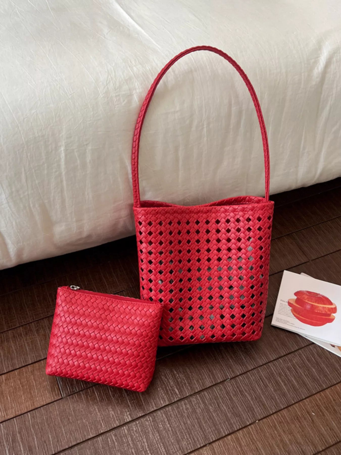 Woven Leather Handbag with Matching Pouch