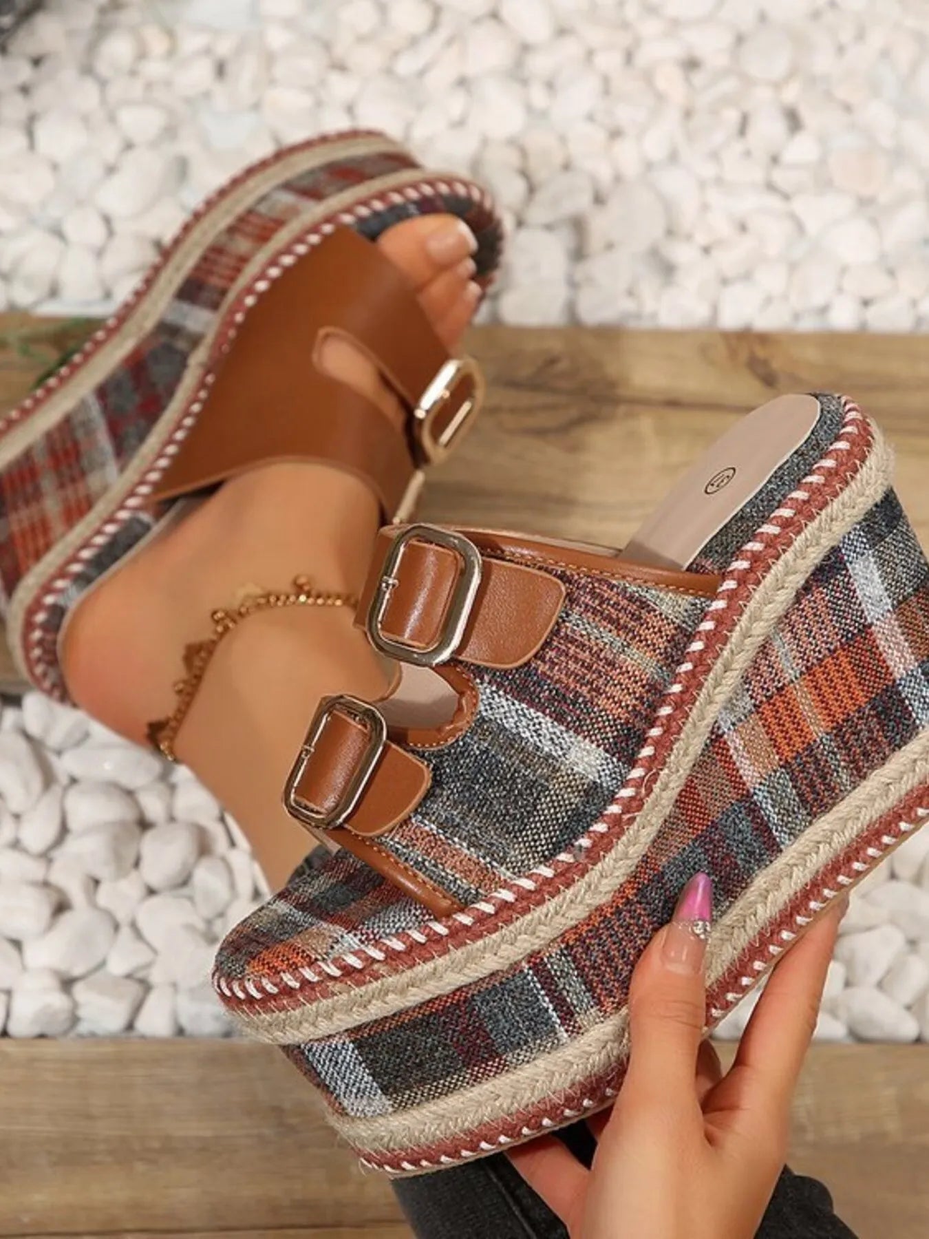 Plaid Platform Wedge Sandals