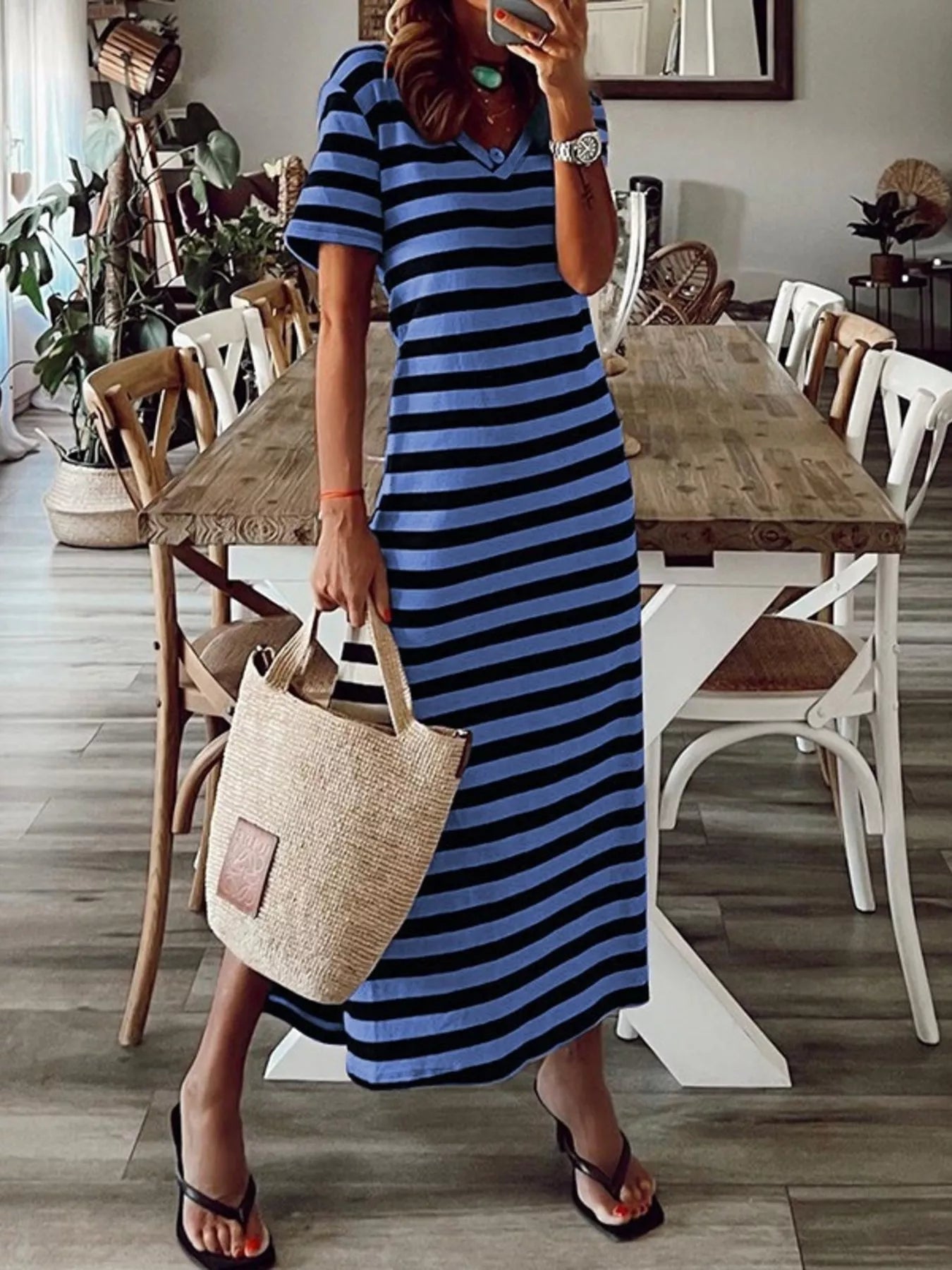 Full Size Striped V-Neck Midi Dress with Side Slit Plus Size