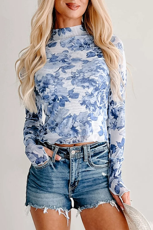 Floral Print Long Sleeve Stand Neck Mesh Top