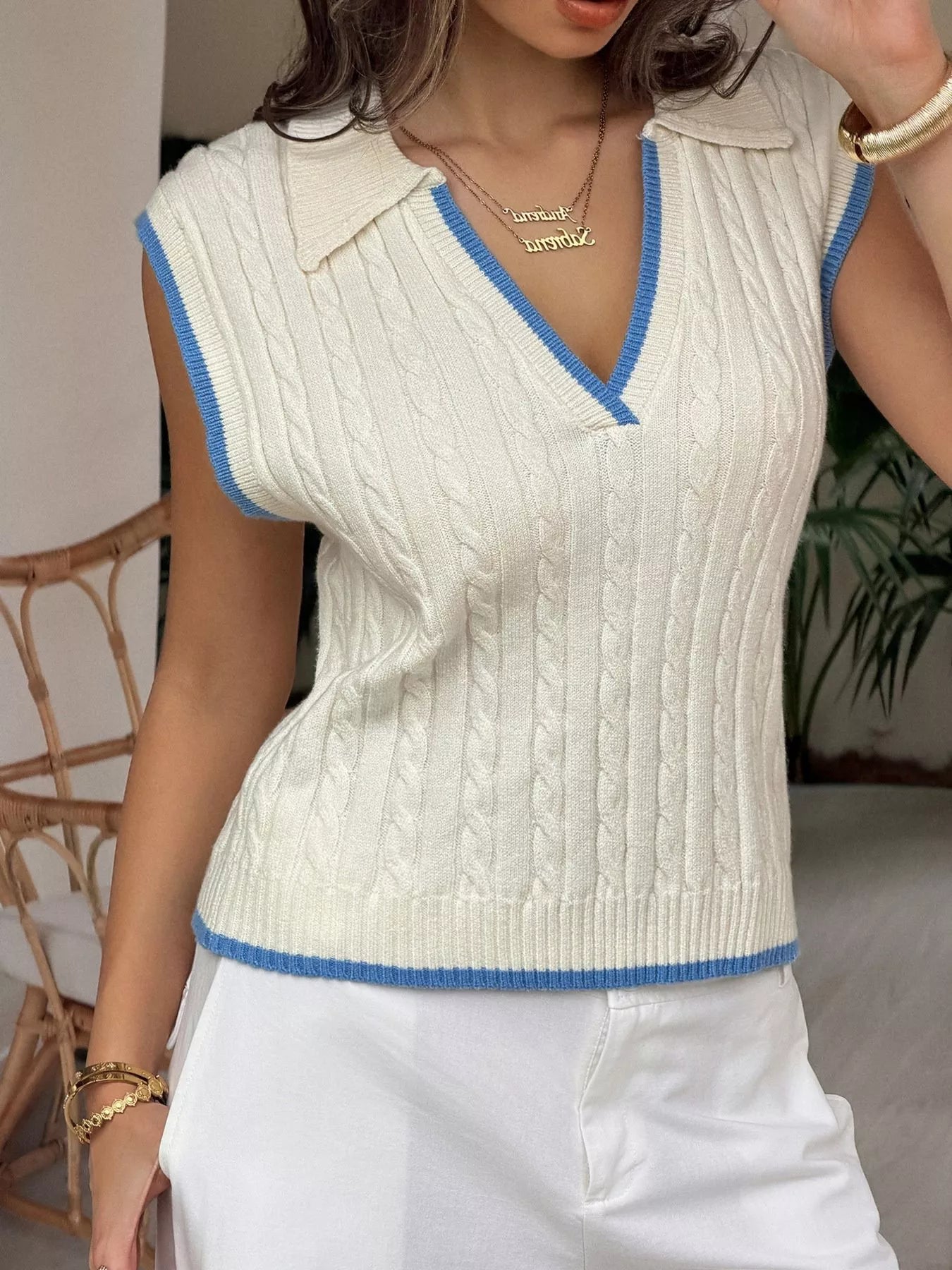 Cable Knit Polo Sweater Vest with Contrast Trim