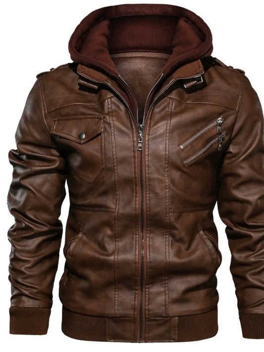 Men's Full Size Vintage Hooded Leather Jacket Plus Size