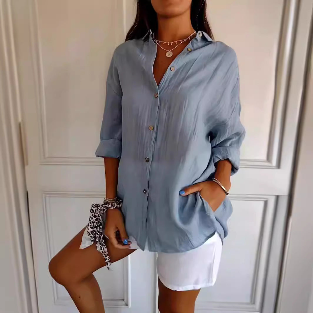 Women's Oversized Lapel Button-Down Shirt with Pleated Back