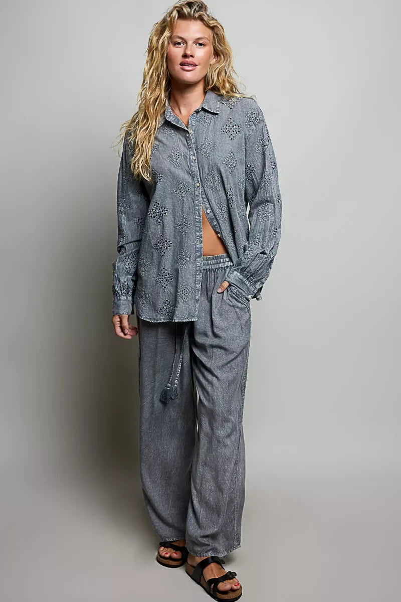 POL Tassel Drawstring Embroidered Wide Leg Woven Pants