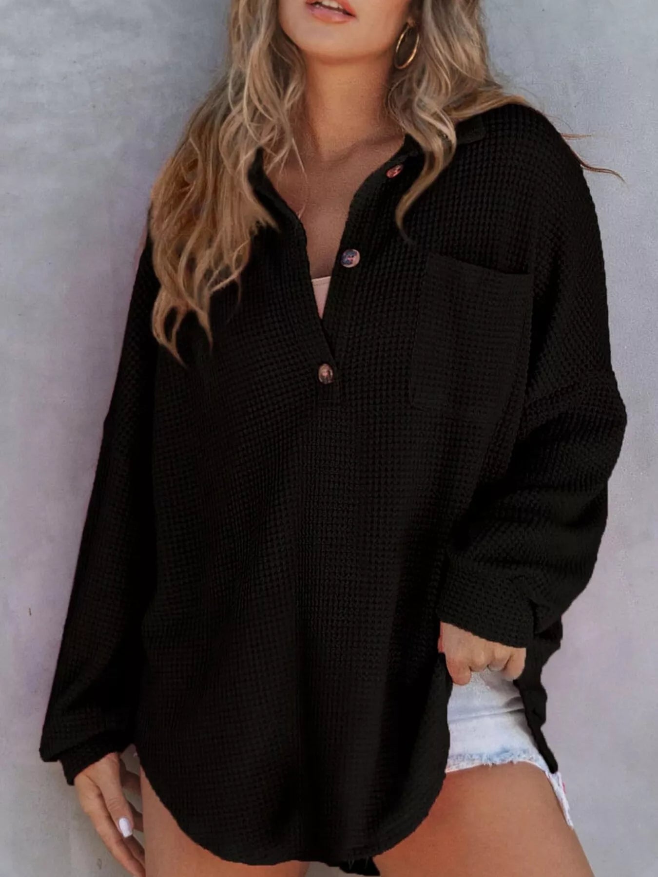 Casual Waffle Knit Button Detail Blouse