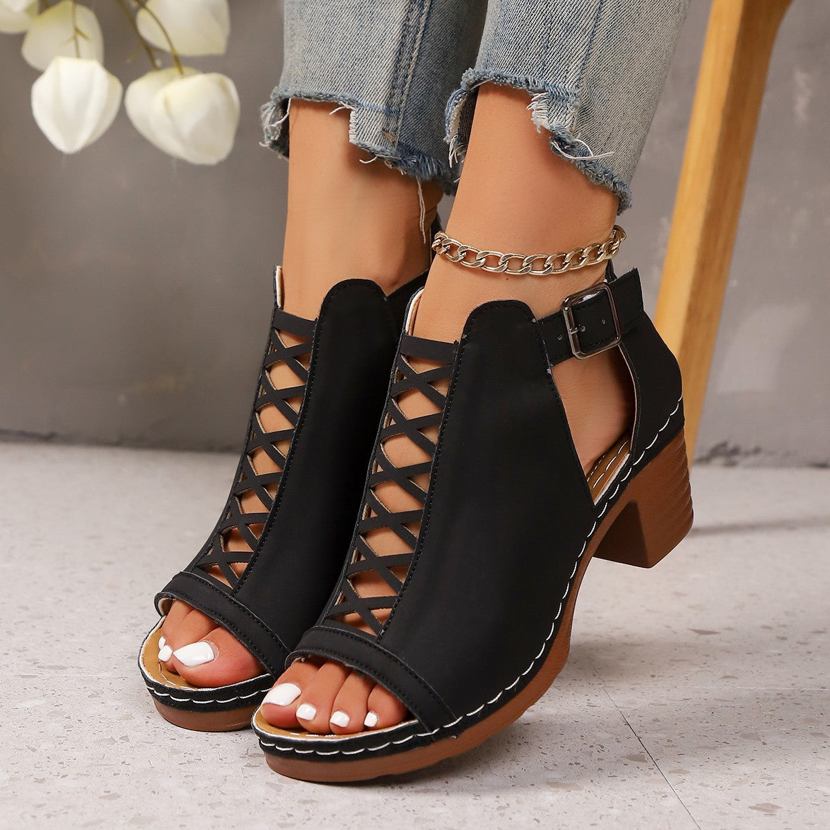 Open Toe Block Heels Sandals