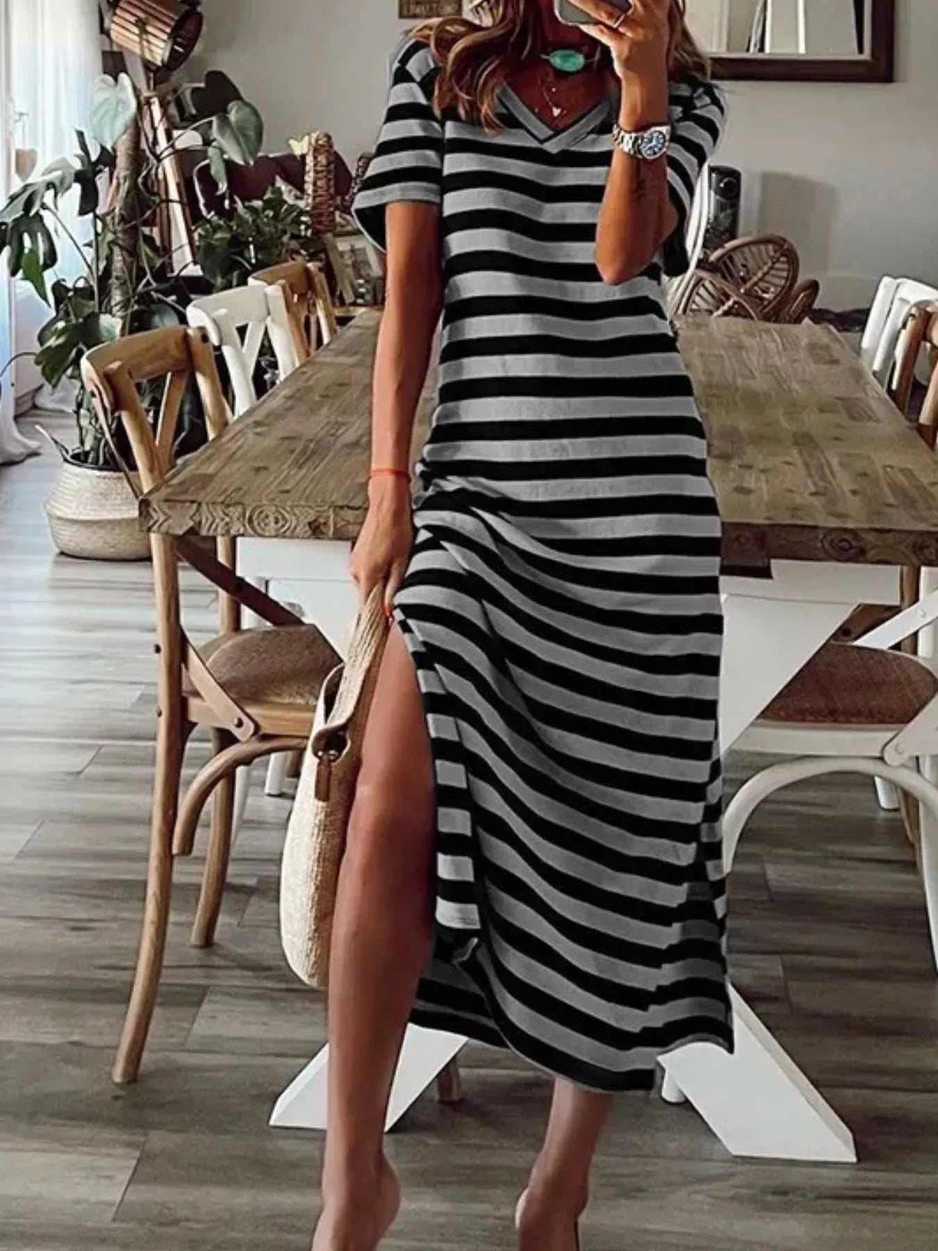 Full Size Striped V-Neck Midi Dress with Side Slit Plus Size