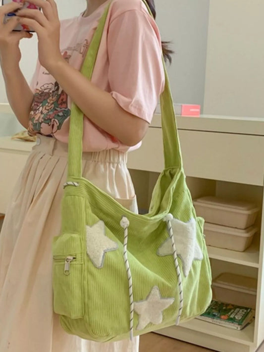 Corduroy Star Applique Casual Crossbody Bag