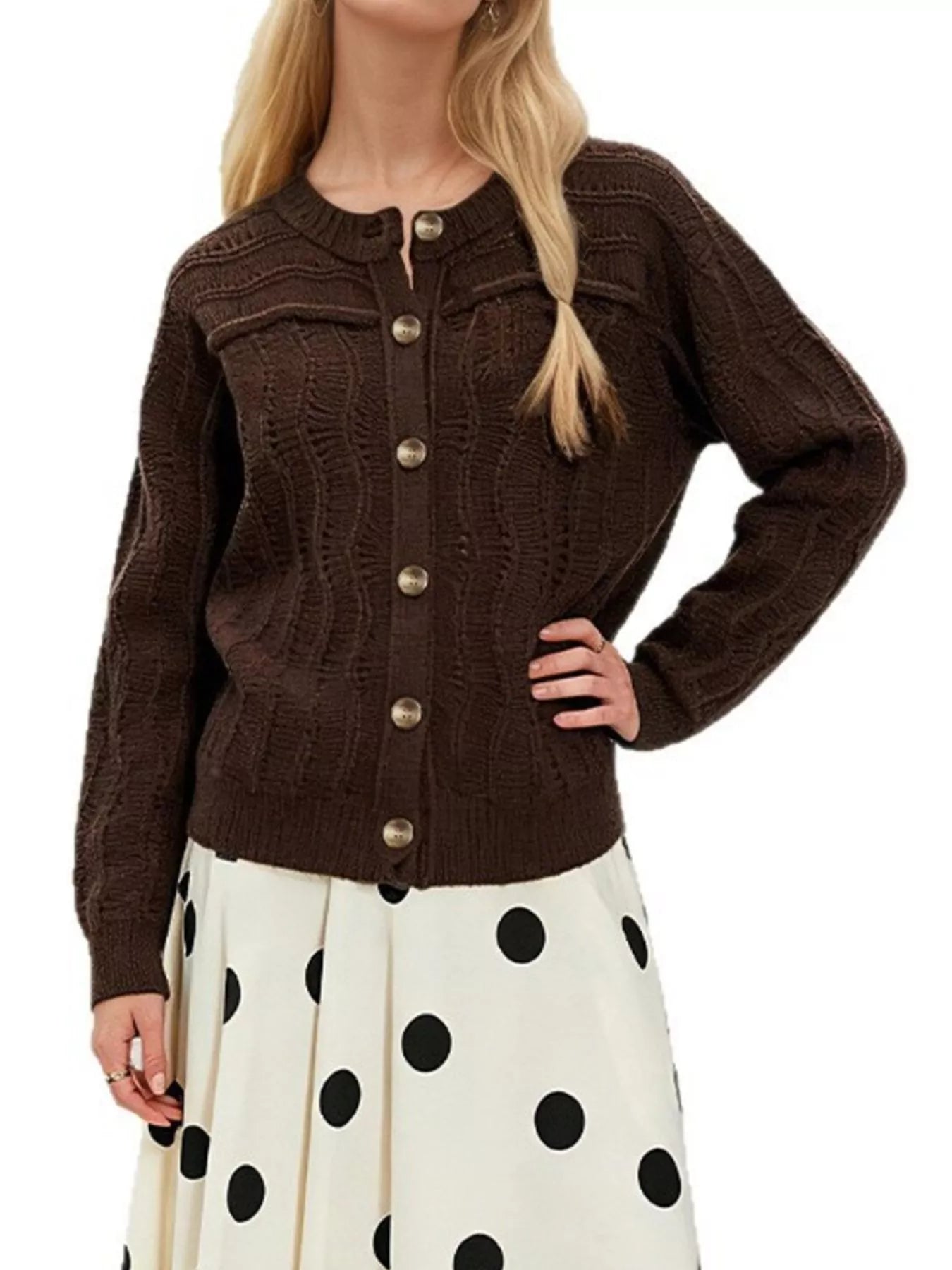 Openwork Button-Down Knit Cardigan