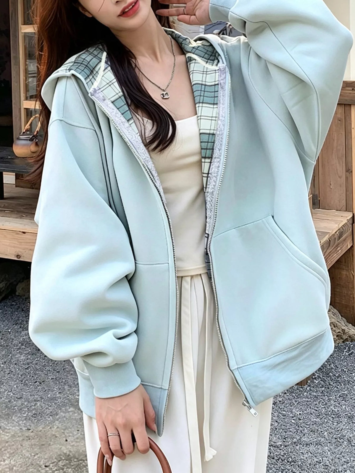 Zip-Up Plaid Lining Hoodie
