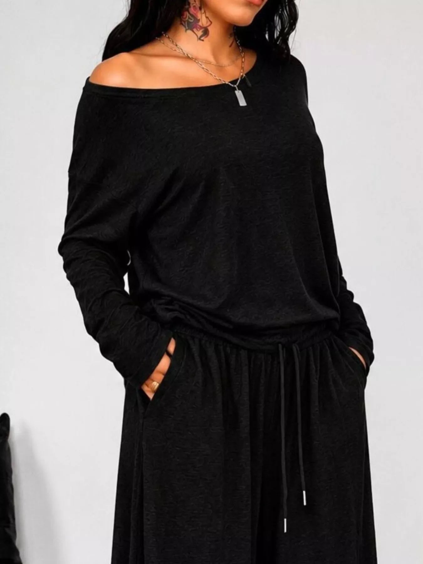 Full Size Comfortable Loose Fit One-Shoulder T-Shirt and Pants Set Plus Size