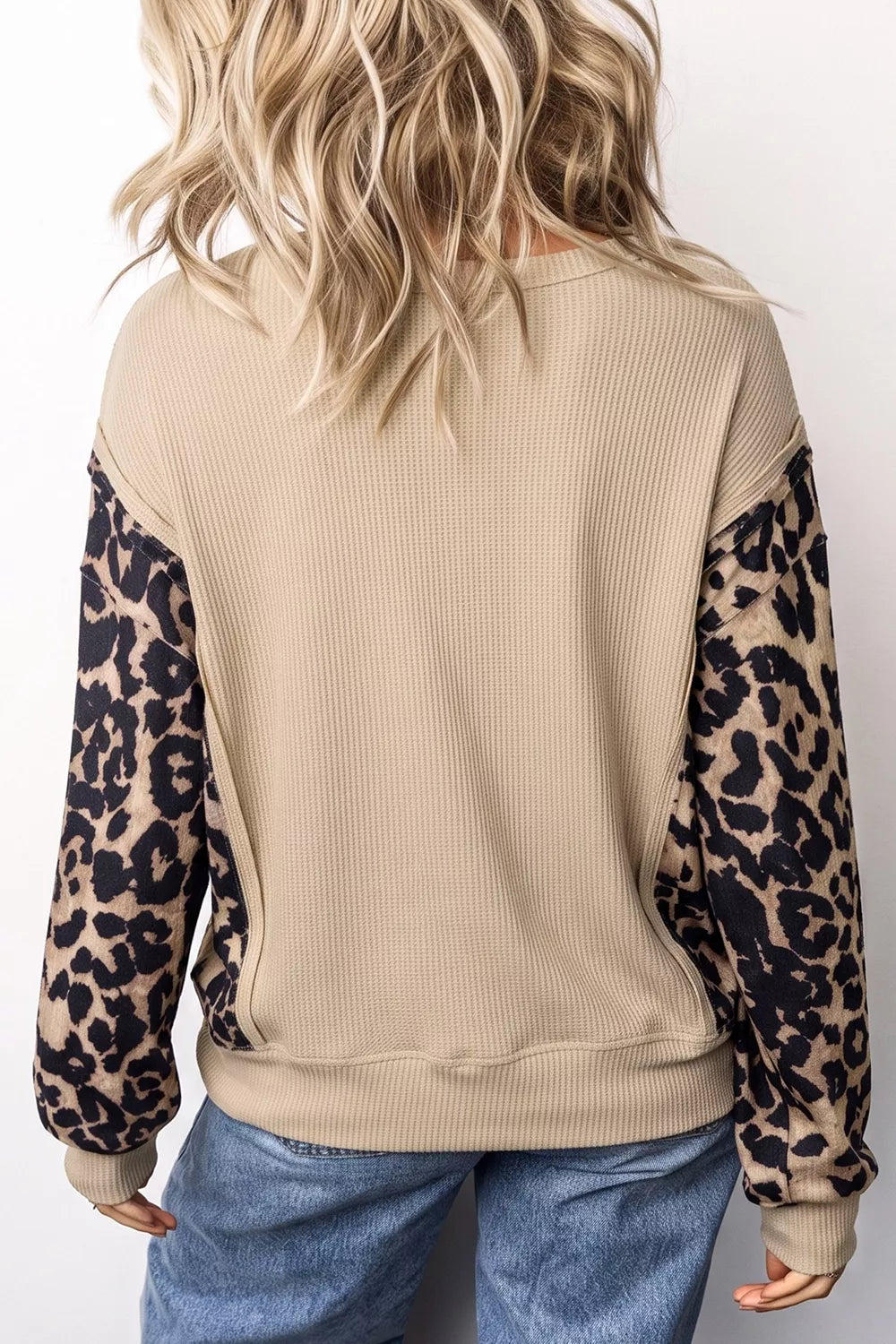 Sequined Western Horse Graphic Leopard Sleeve Patchwork Waffle Knit Top