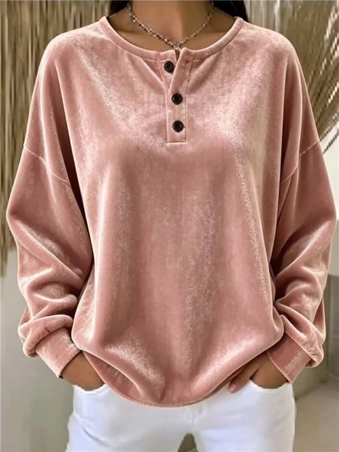 Velvet Henley Top with Button Detail