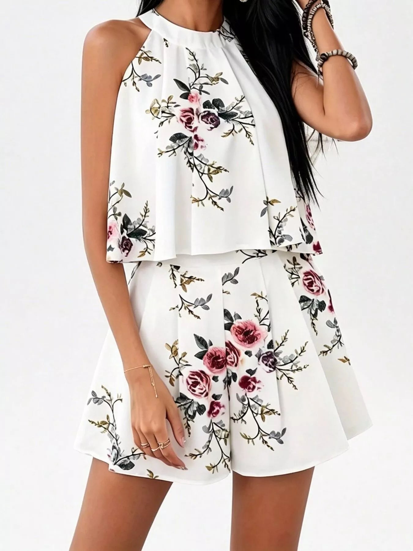 Full Size Floral Print Halter Neck Tank Top and Pleated Shorts Set Plus Size