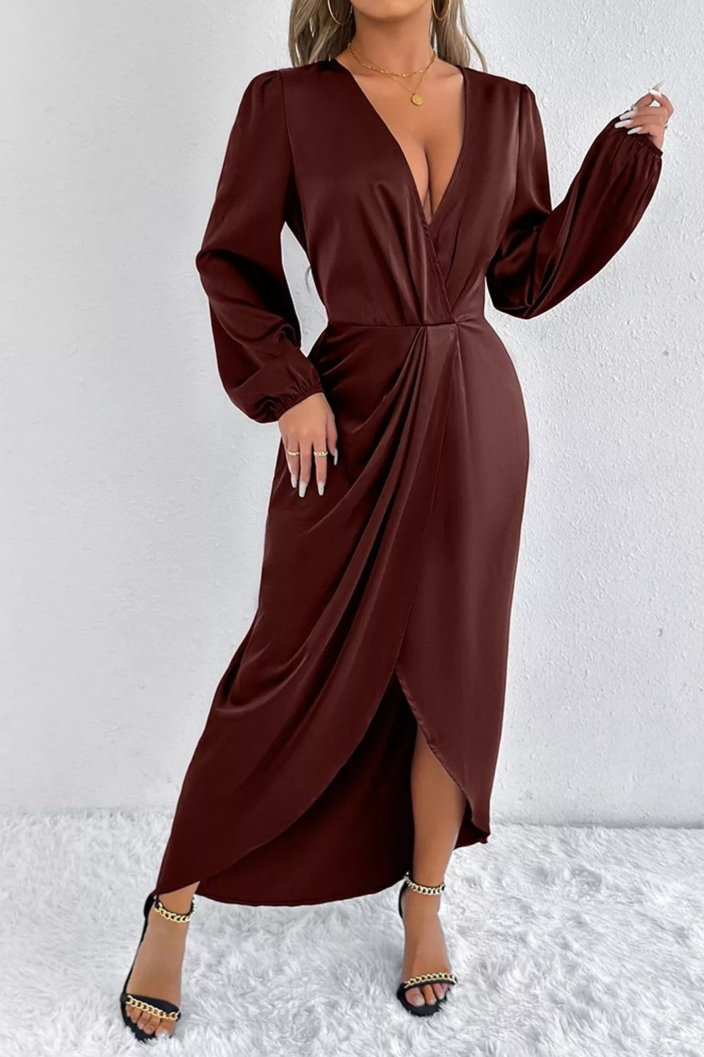 Satin Balloon Sleeve Midi Dress