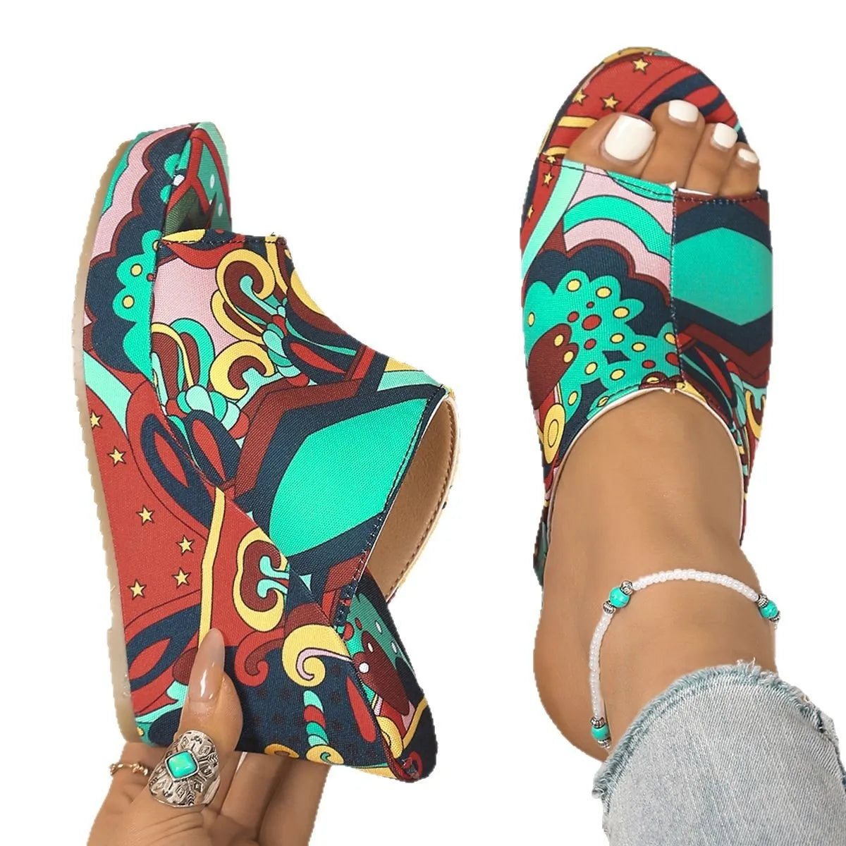 Printed Open Toe Wedge Sandals