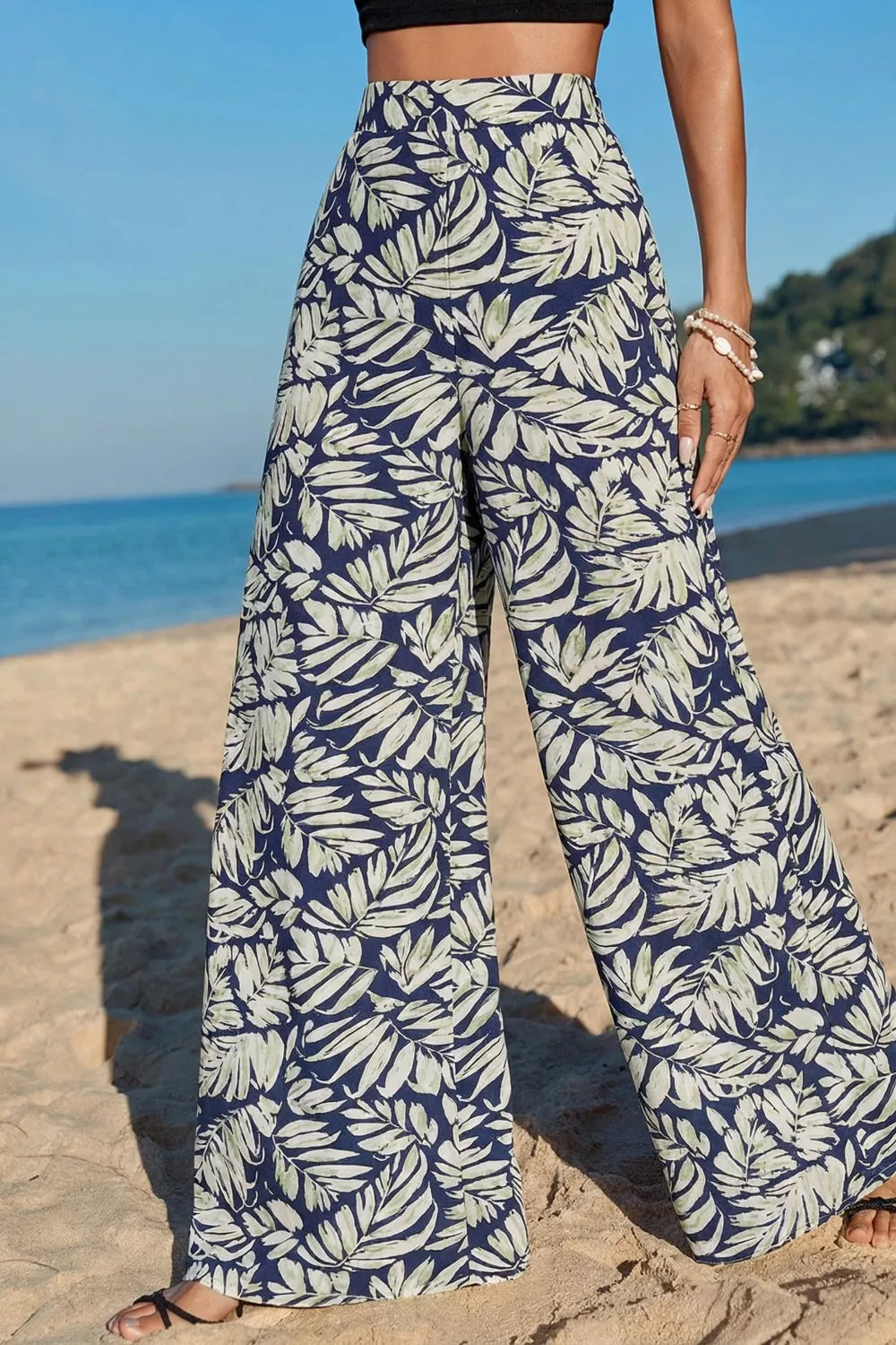 Leaf Print Wide Leg Pants