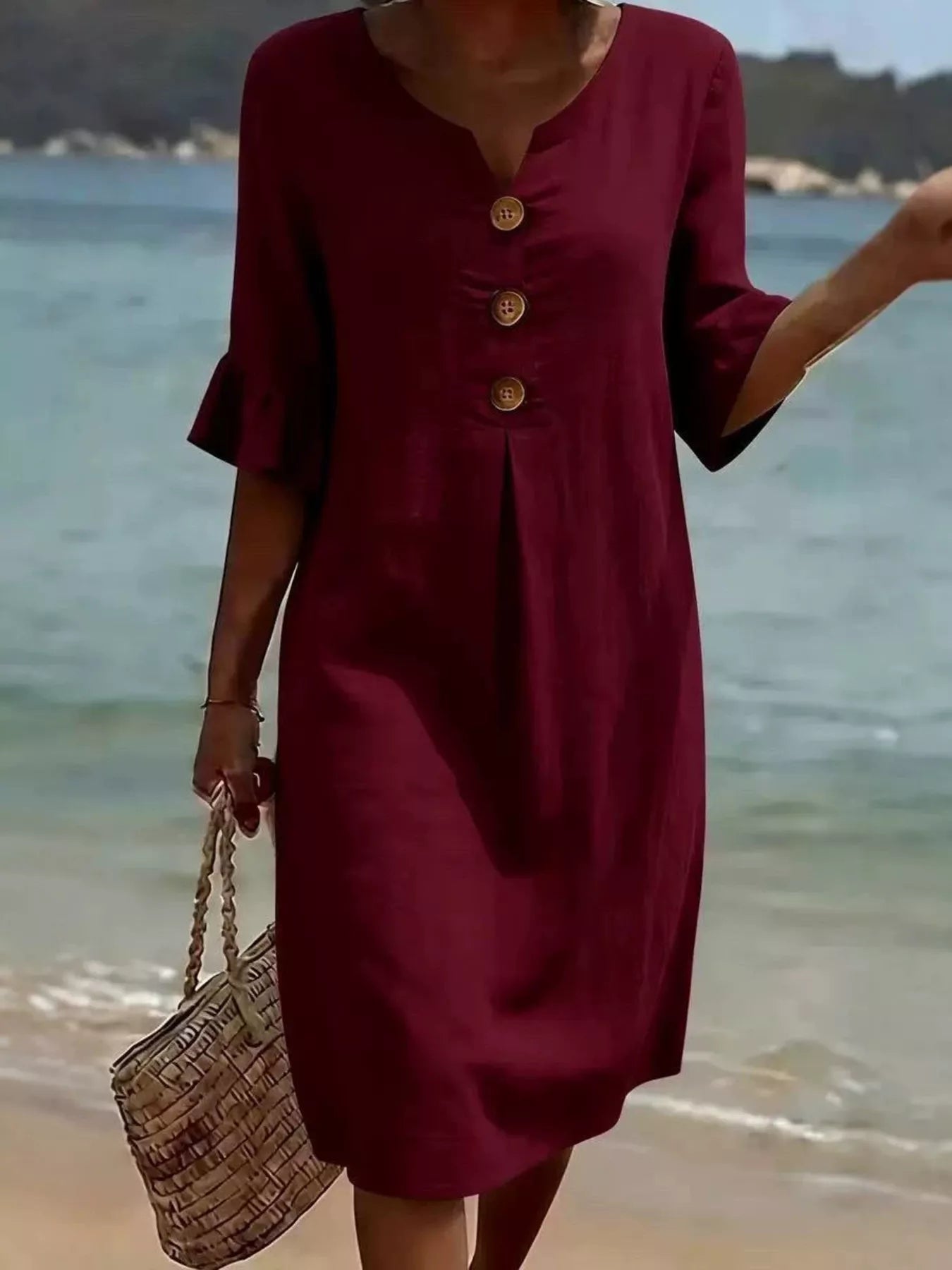 Full Size Casual Decor Button Dress with Ruffle Sleeves Plus Size