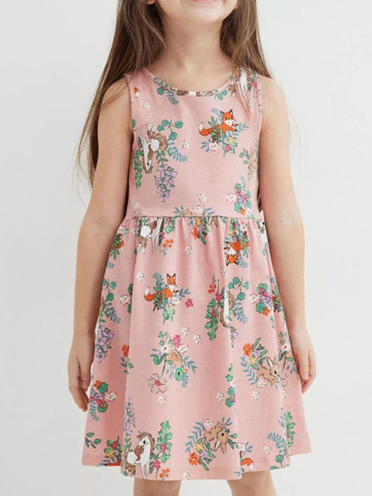 Children's Sleeveless Floral Animal Print Casual Dress