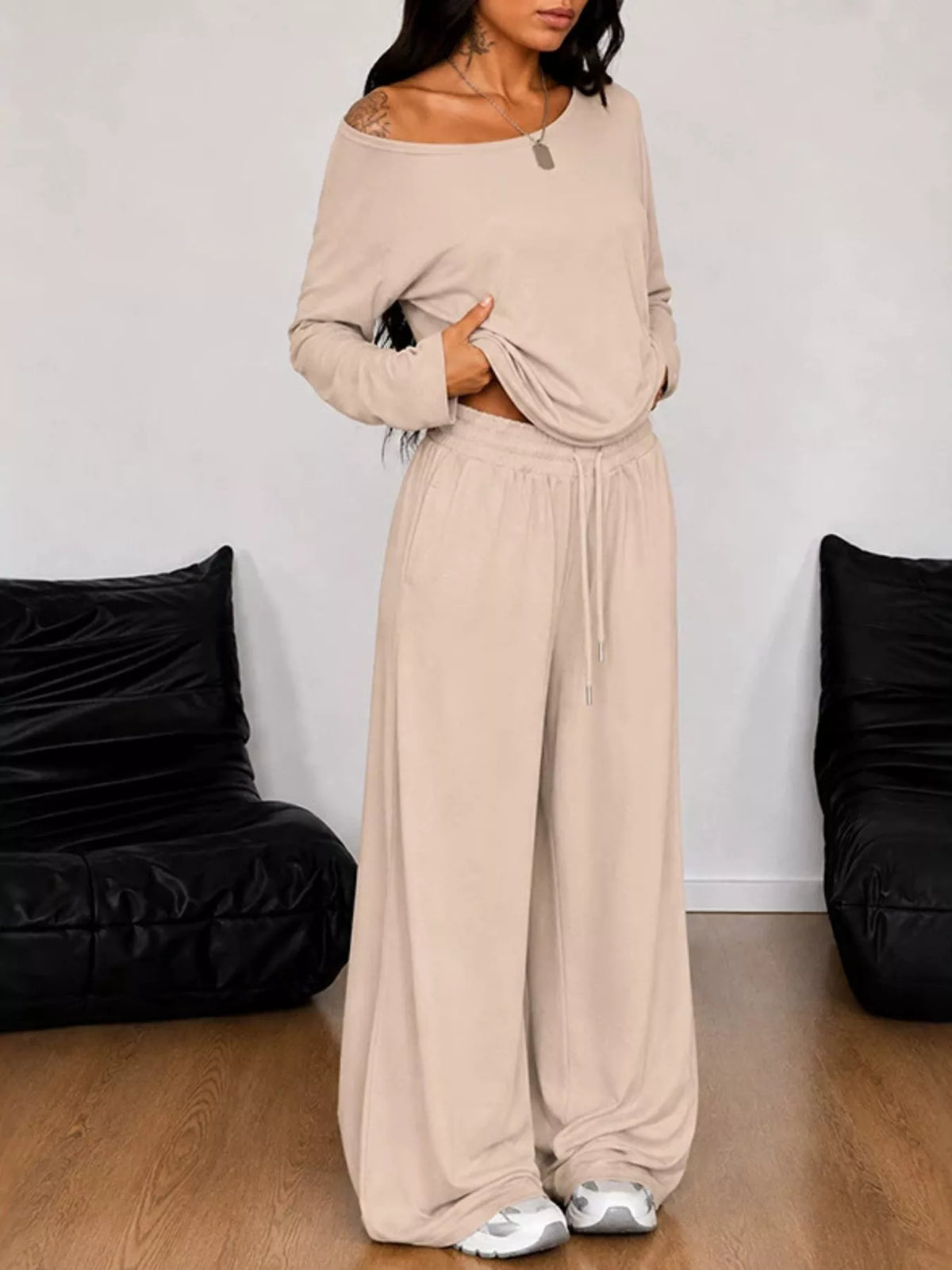Full Size One-Shoulder Top and Drawstring Pants Set Plus Size