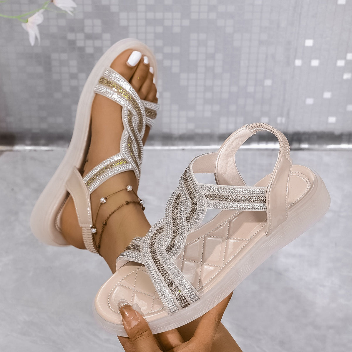 Rhinestone Embellished Flat Sandals