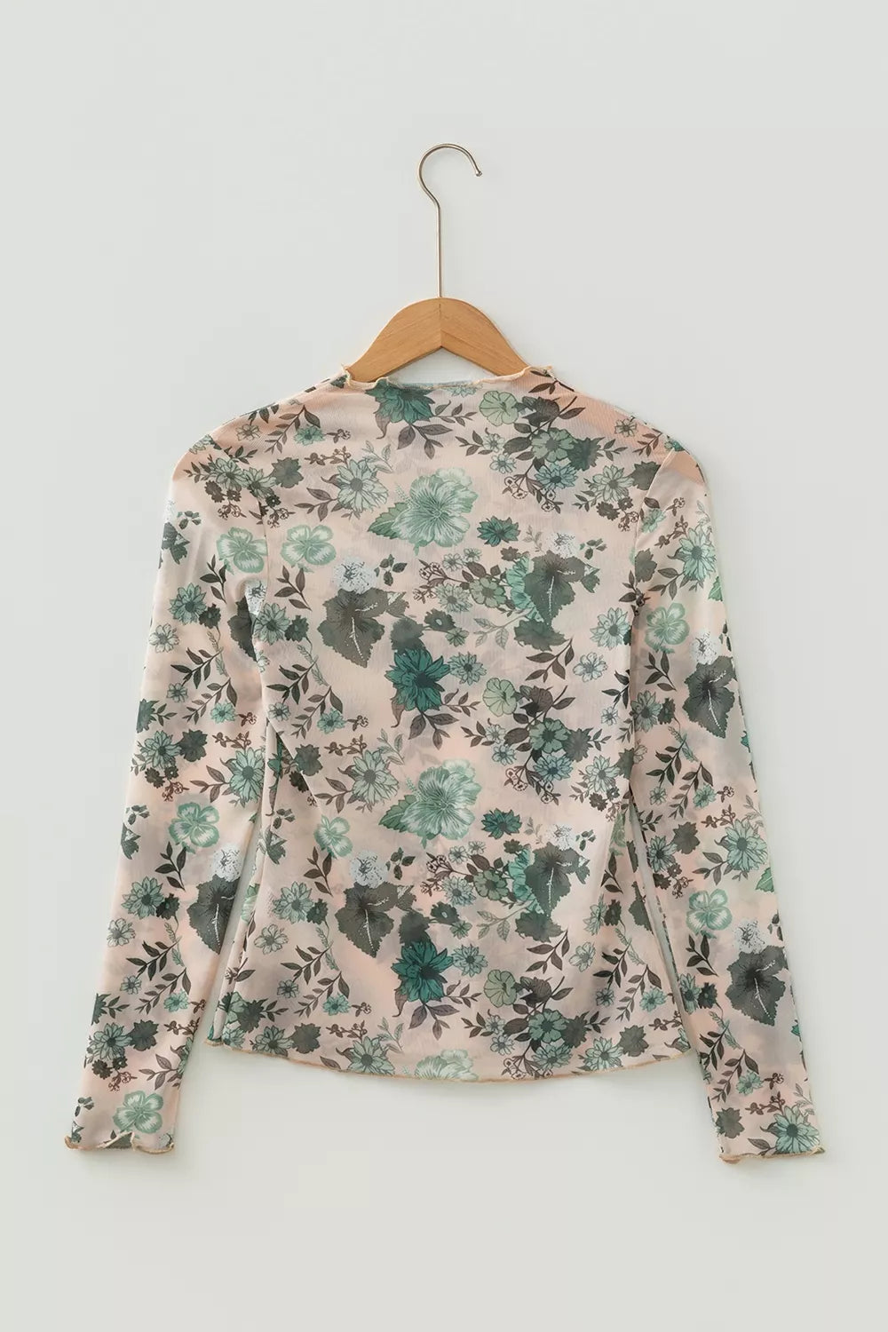 Floral Print Mesh Mock Neck Long Sleeve Top