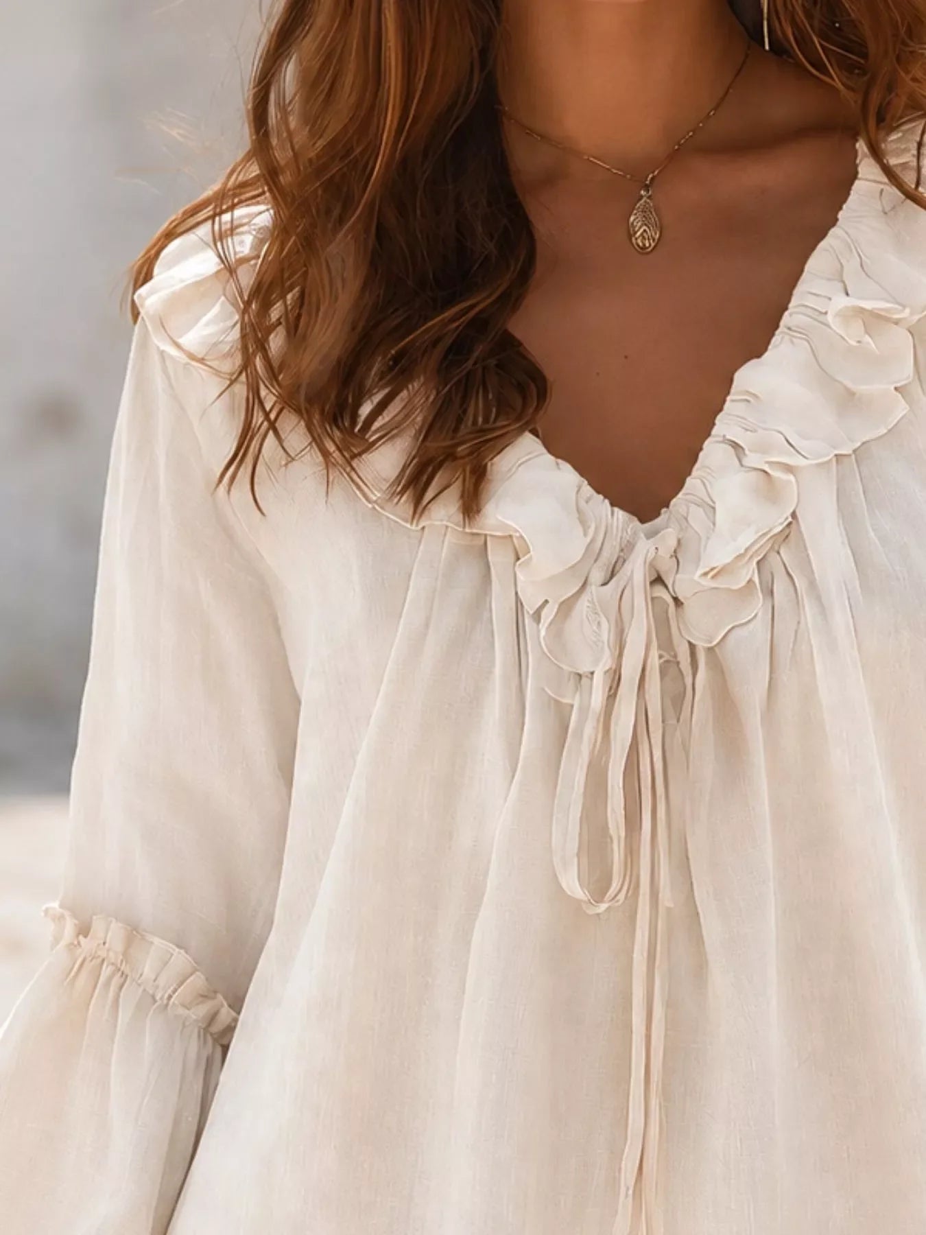 Ruffled Tie Front Flounce Sleeve Blouse