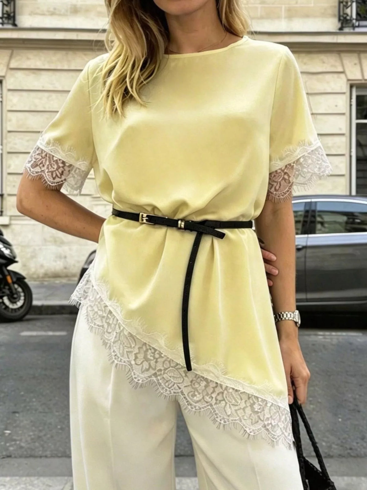 Lace Trim Short Sleeve Satin Top