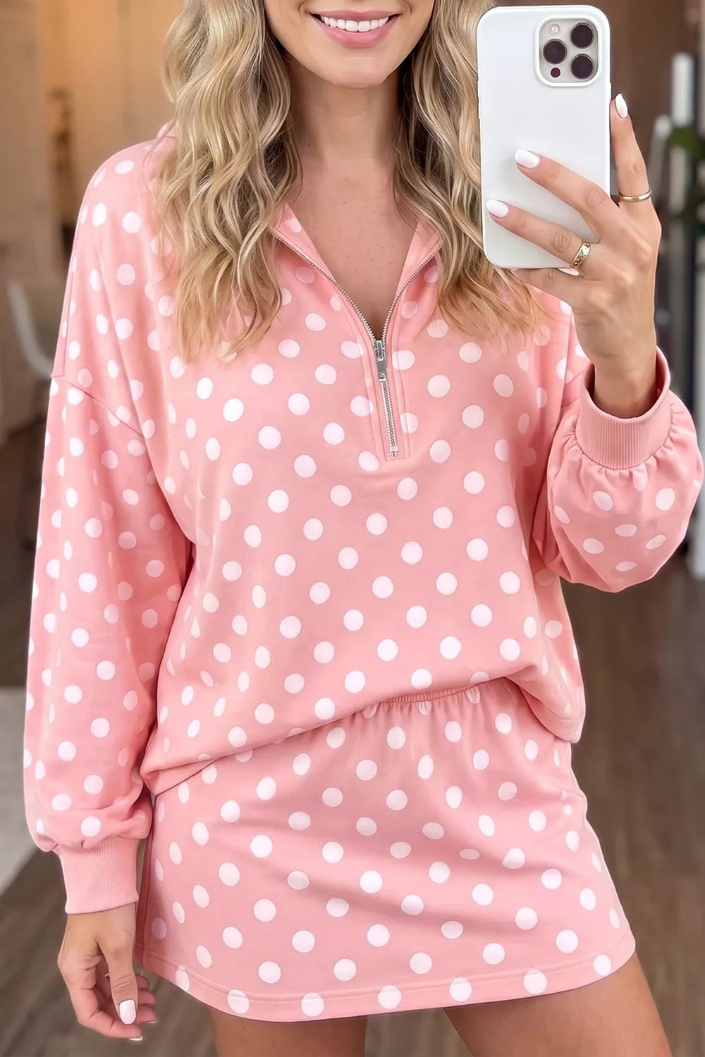 Polka Dot Quarter Zip Sweatshirt and Shorts Set