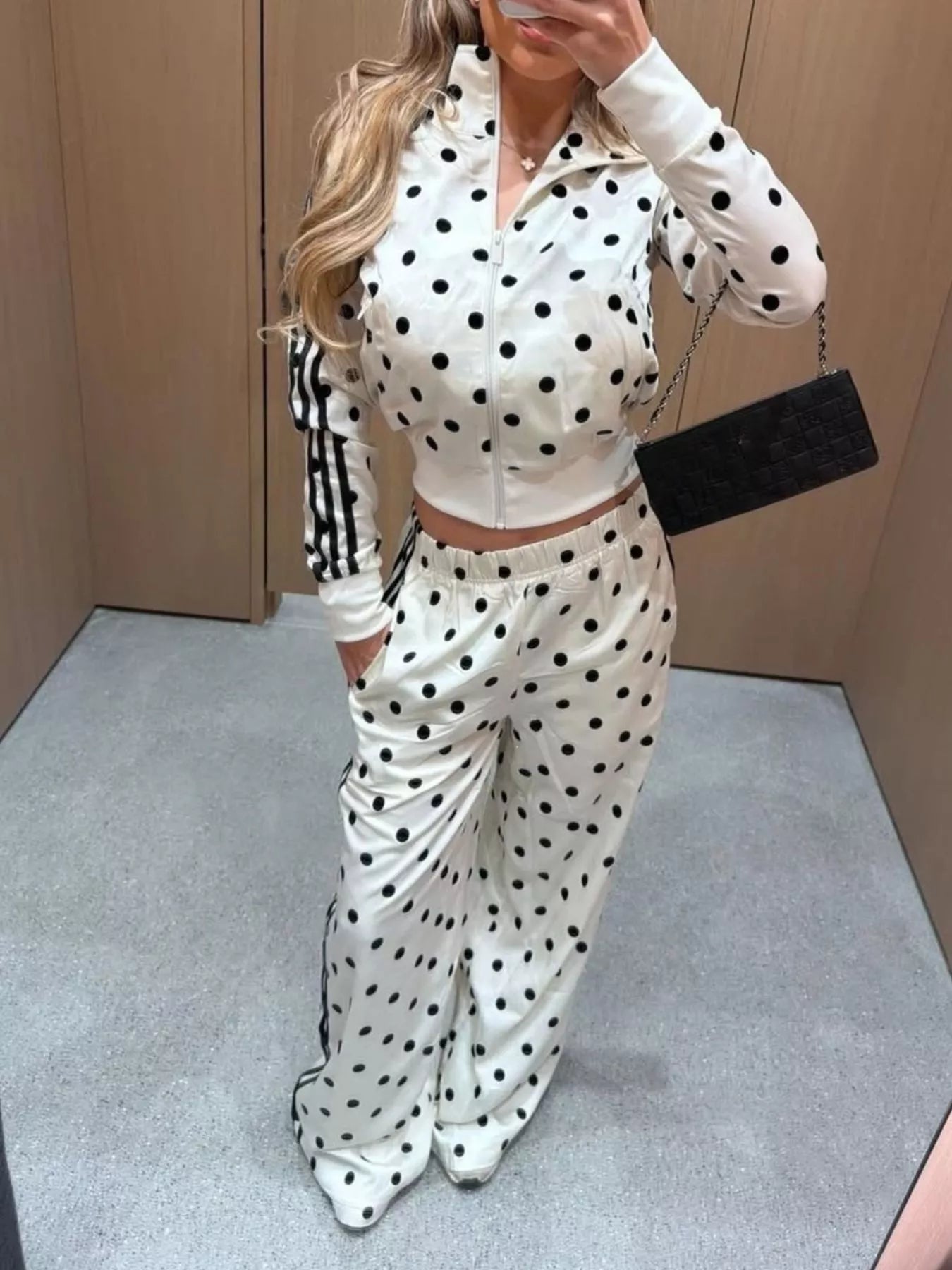 Polka Dot Zip Up Outerwear and Pants Set