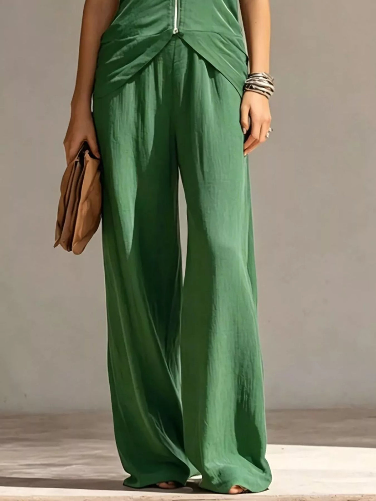 Full Size Zipper Front Tank and Wide-Leg Pants Set Plus Size