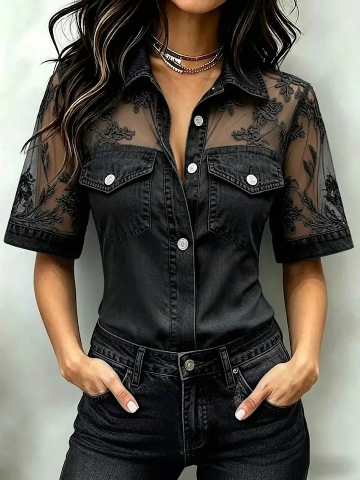 Full Size Denim Look Lace Short Sleeve Shirt Plus Size