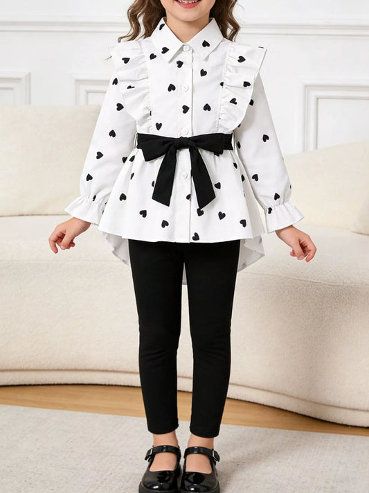 Children's Heart Print Ruffle Trim Shirt & Pants Set with Tie