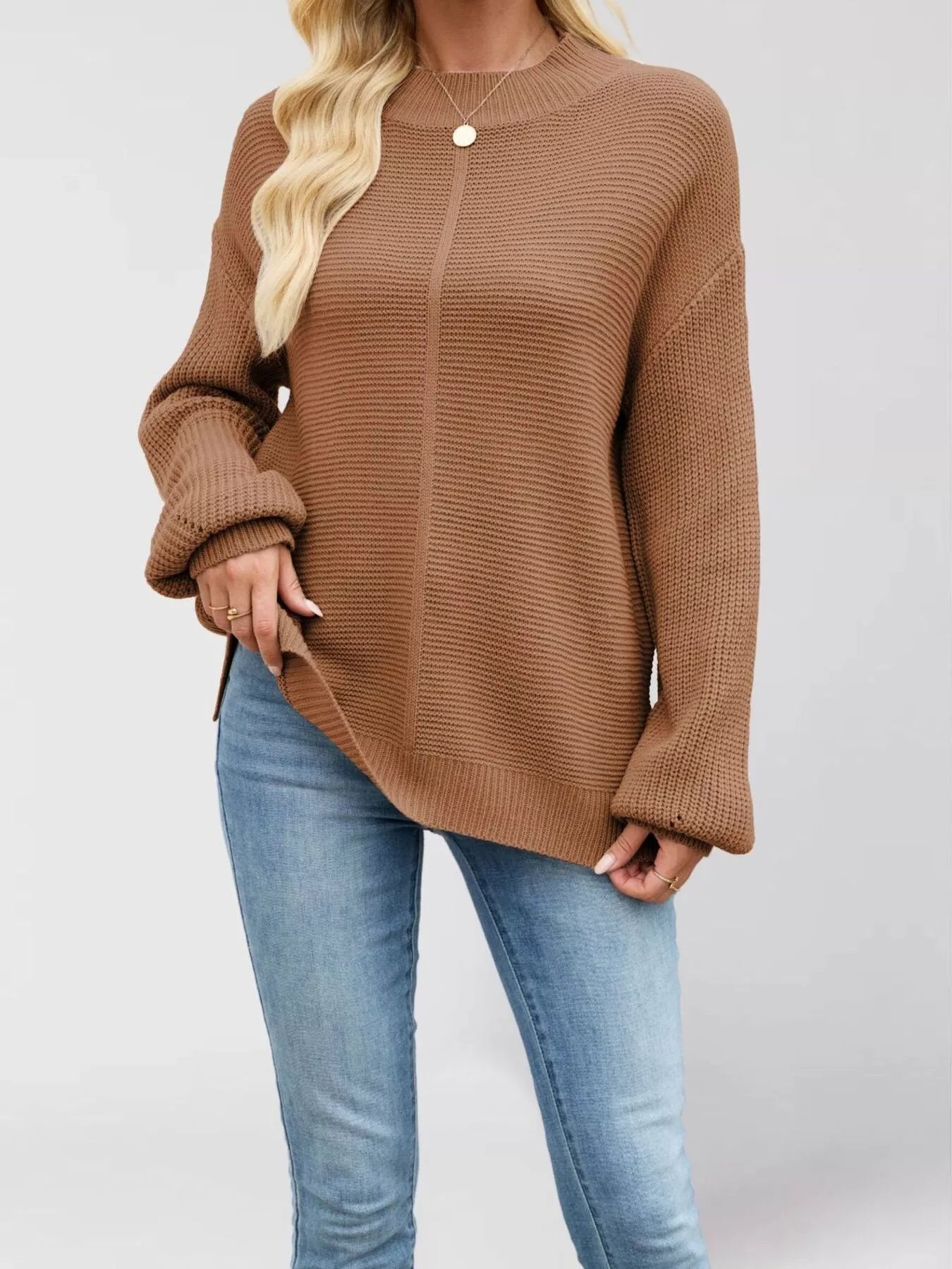 Ribbed Mock Neck Drop Shoulder Sweater