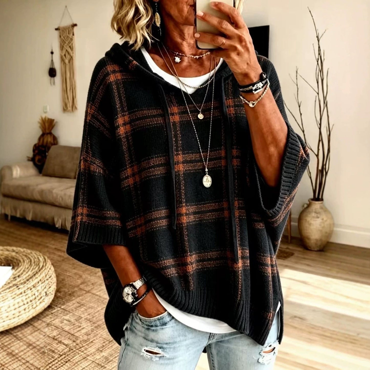 Plaid Knit Hooded Batwing Sweater