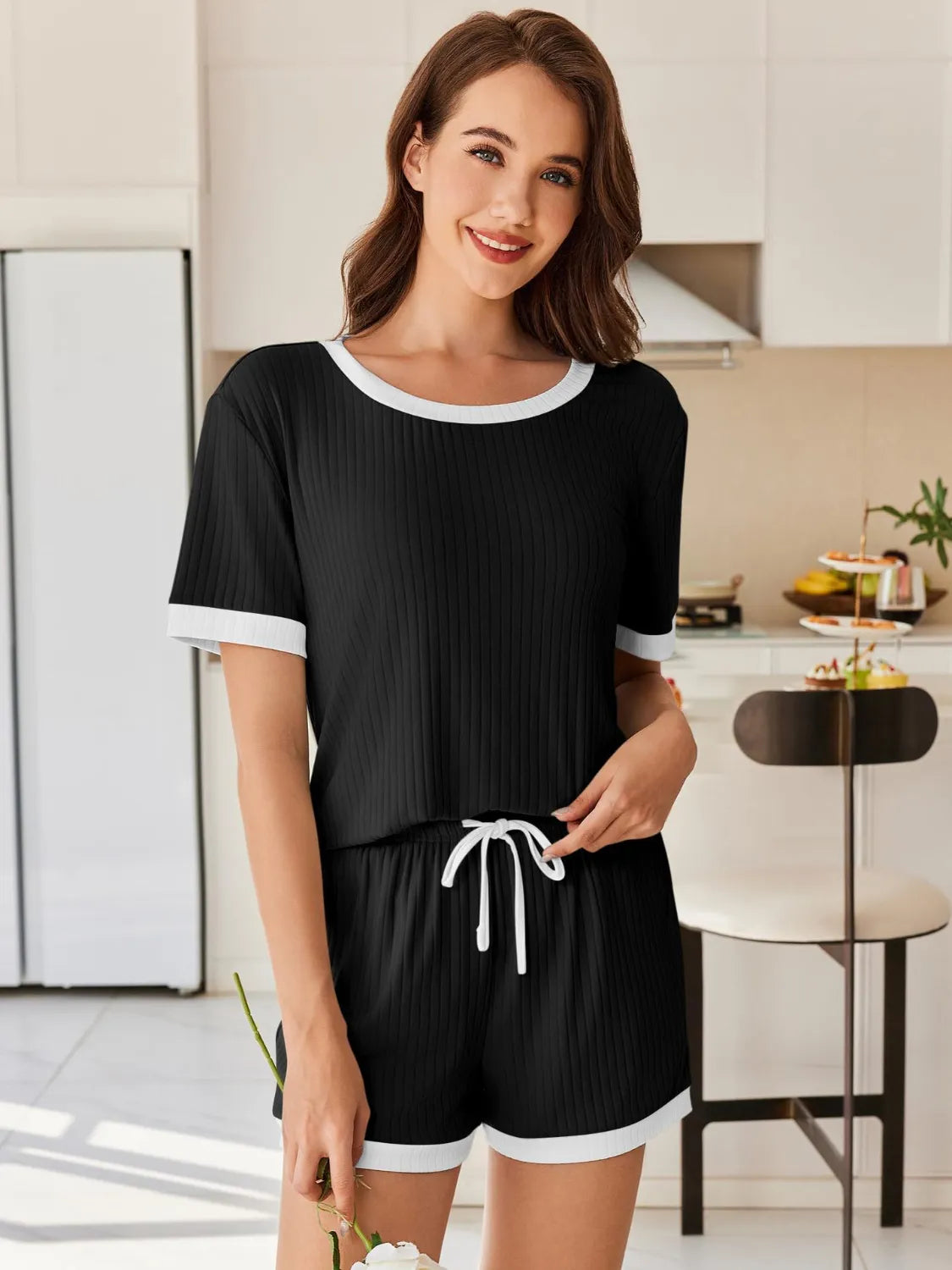 Ribbed Short Sleeve Top and Shorts Set