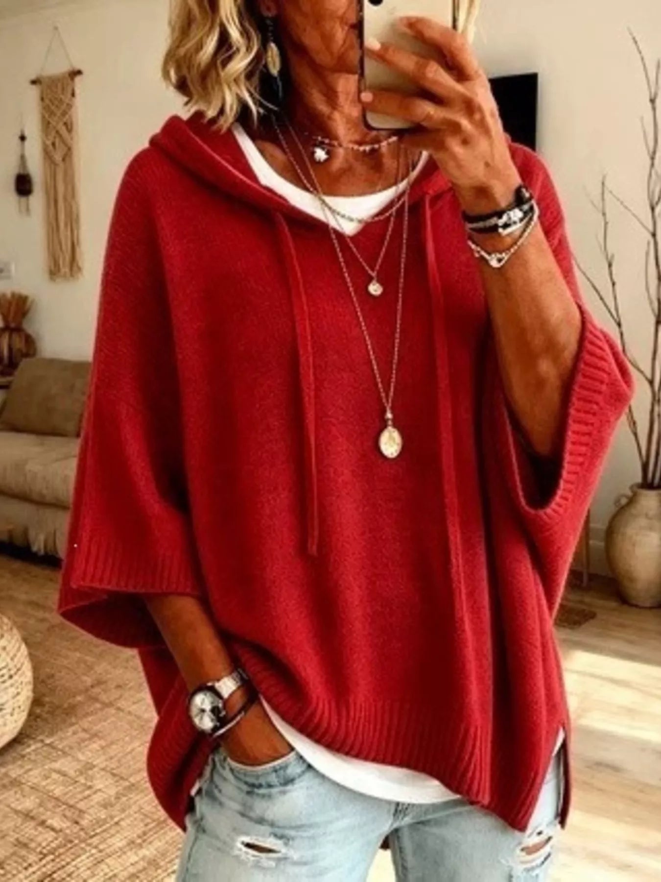 Full Size Drawstring 3/4 Sleeve Hooded Sweater Plus Size