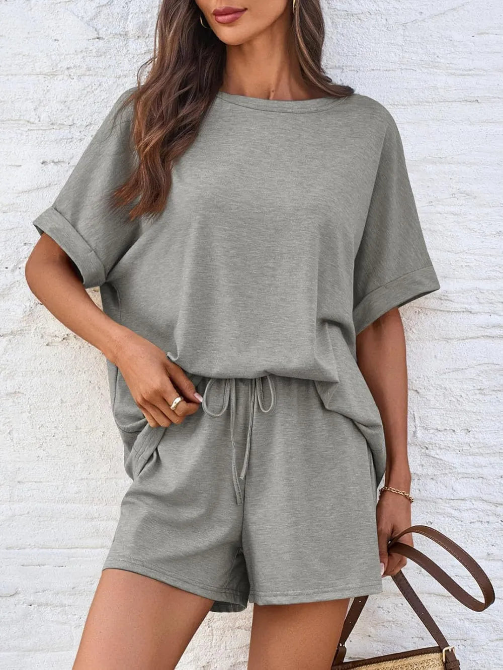 Round Neck T-Shirt and Drawstring Shorts Set