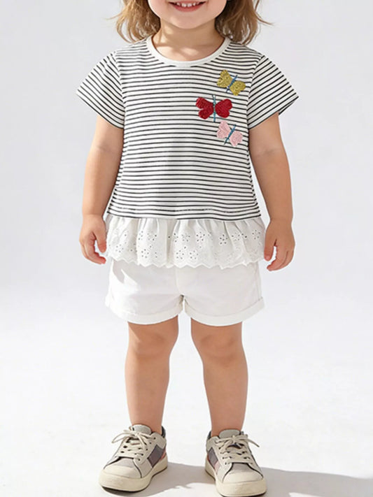 Children's Striped Butterfly Embroidered Ruffle Hem T-Shirt