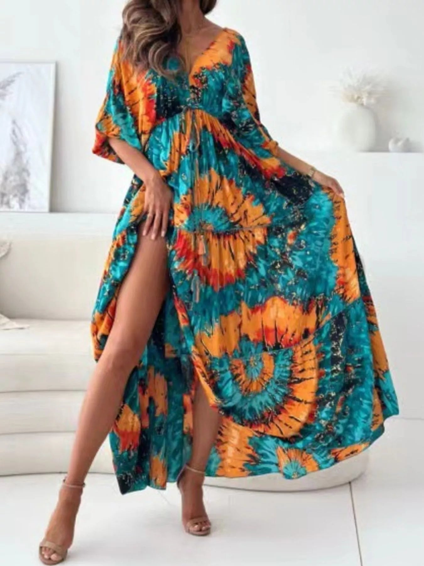 Printed V-Neck Balloon Sleeve Slit Maxi Dress
