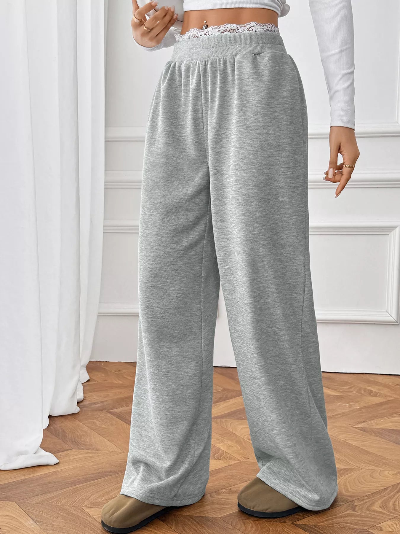 Lace Detail Wide Leg Casual Pants