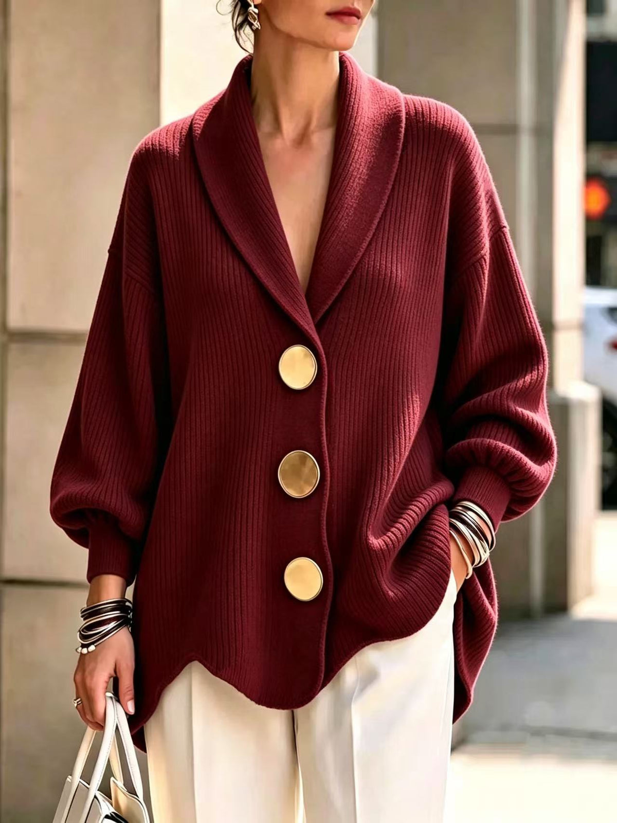 Women's Corduroy Long-Sleeve Top with Metal Buttons