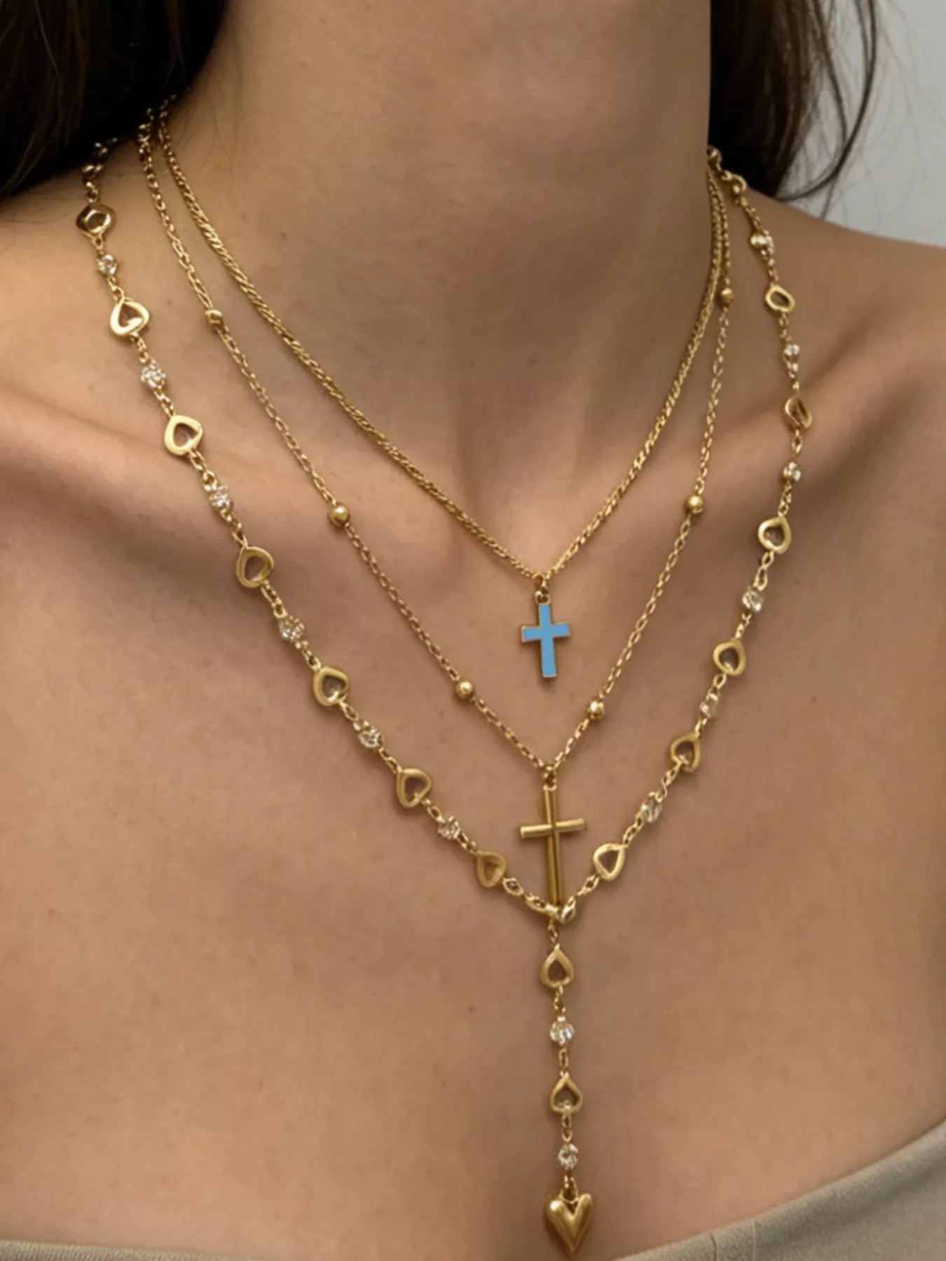 Layered Cross and Heart Necklace