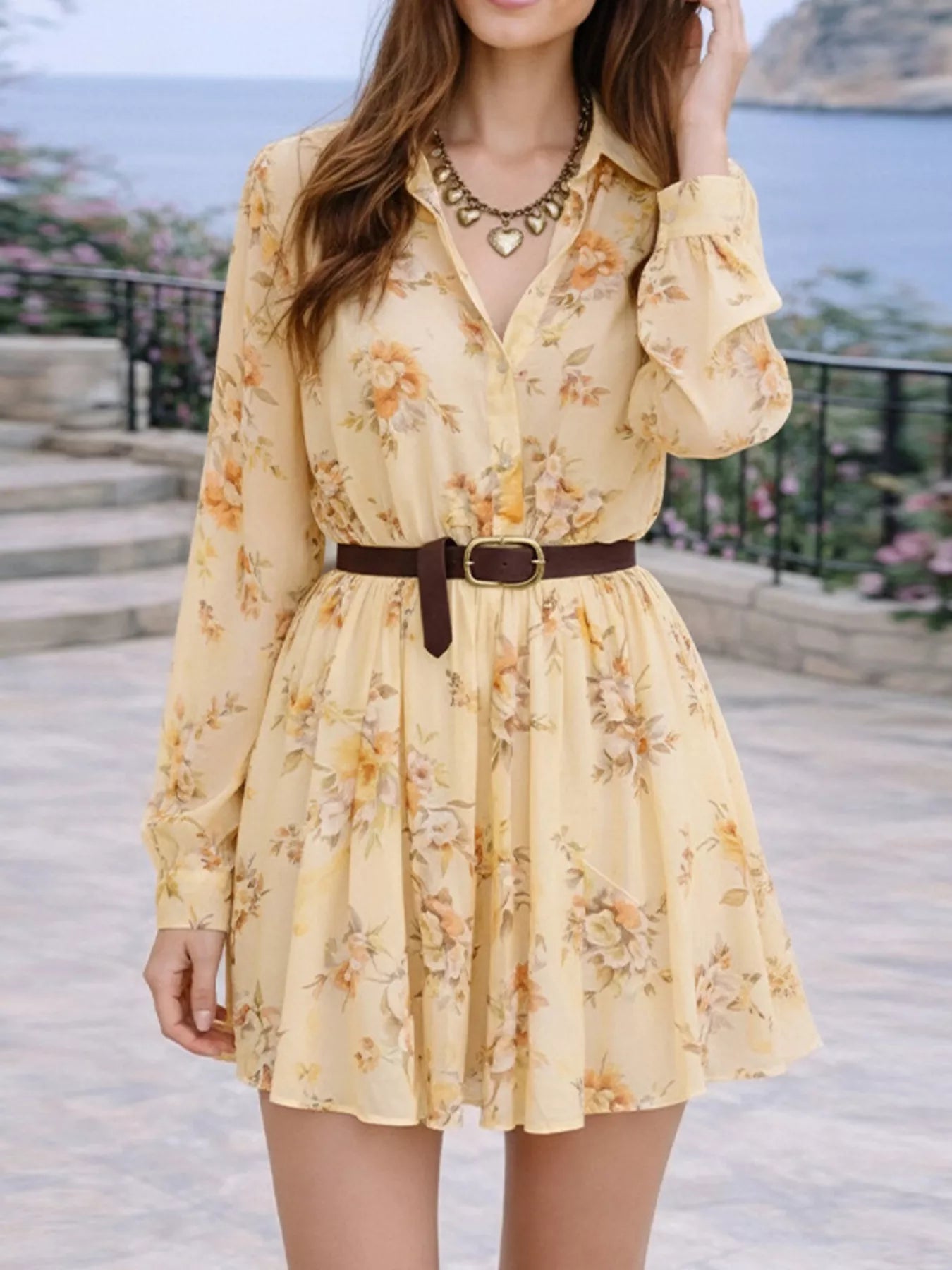 Full Size Floral Print Long Sleeve Shirt Dress Plus Size