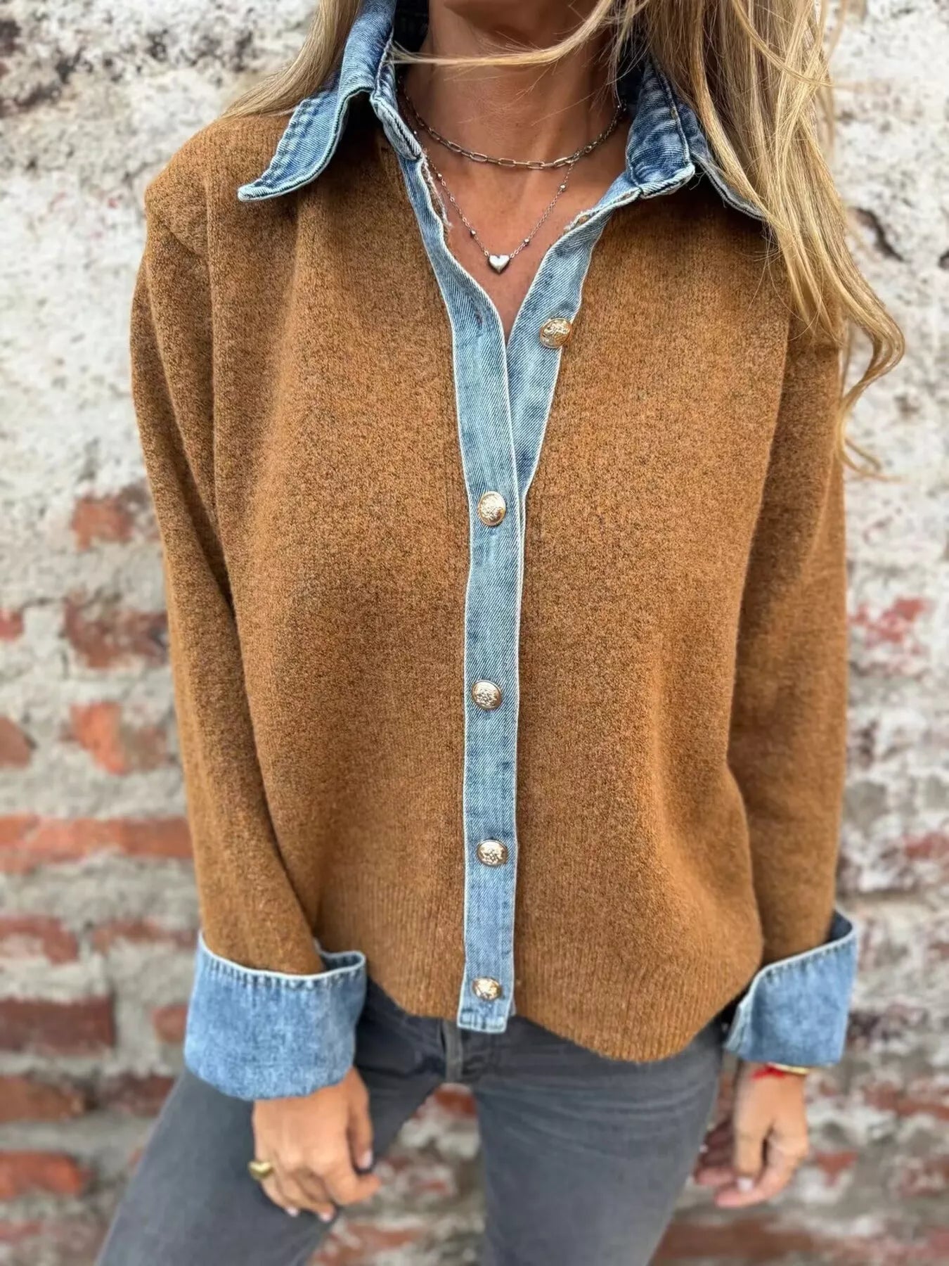 Contrast Denim Trimmed Sweater Cardigan