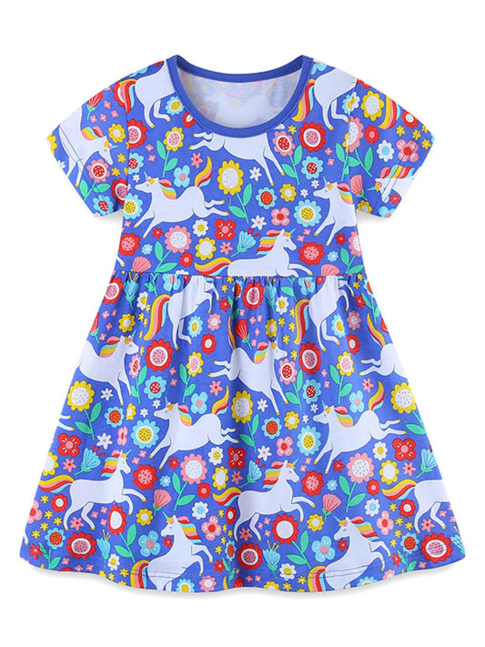 Children's Unicorn Floral Print Short Sleeve Dress