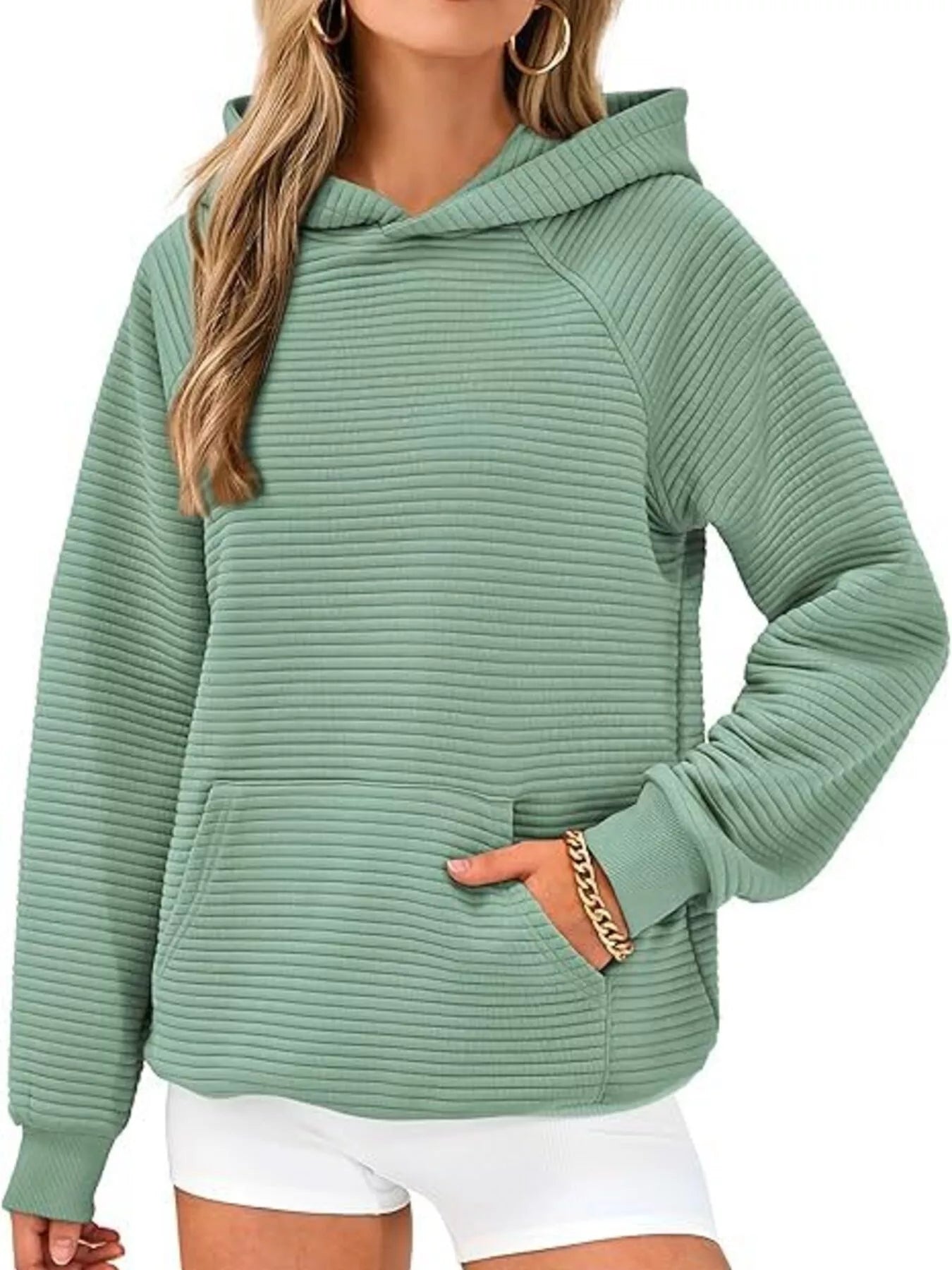 Texture Kangaroo Pocket Raglan Sleeve Hoodie
