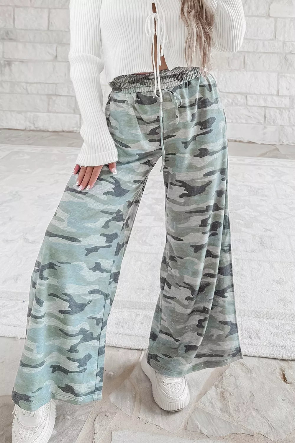 Camouflage Wide-Leg Drawstring Pants