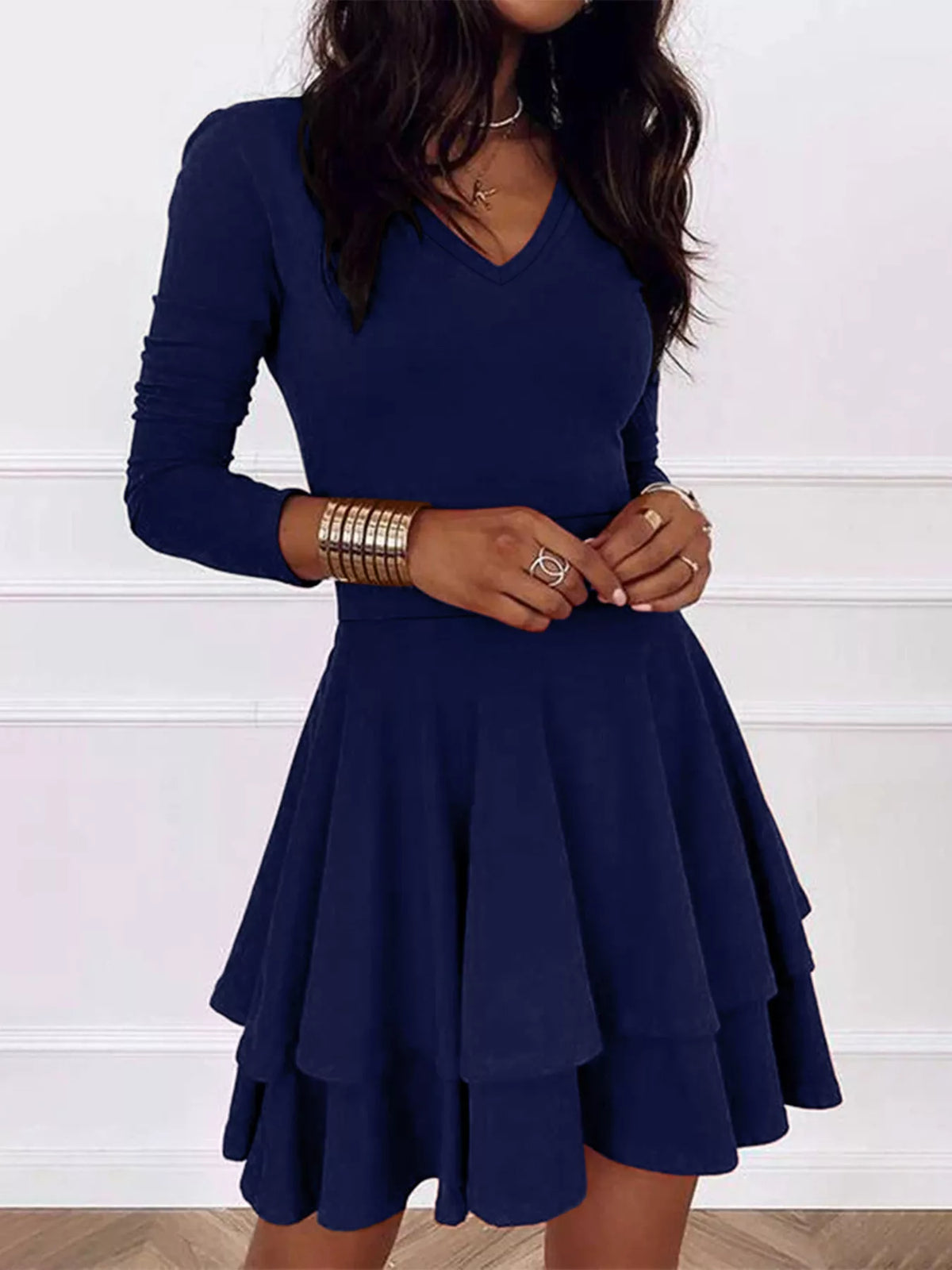 V-Neck Long Sleeve Layered Ruffle Mini Dress